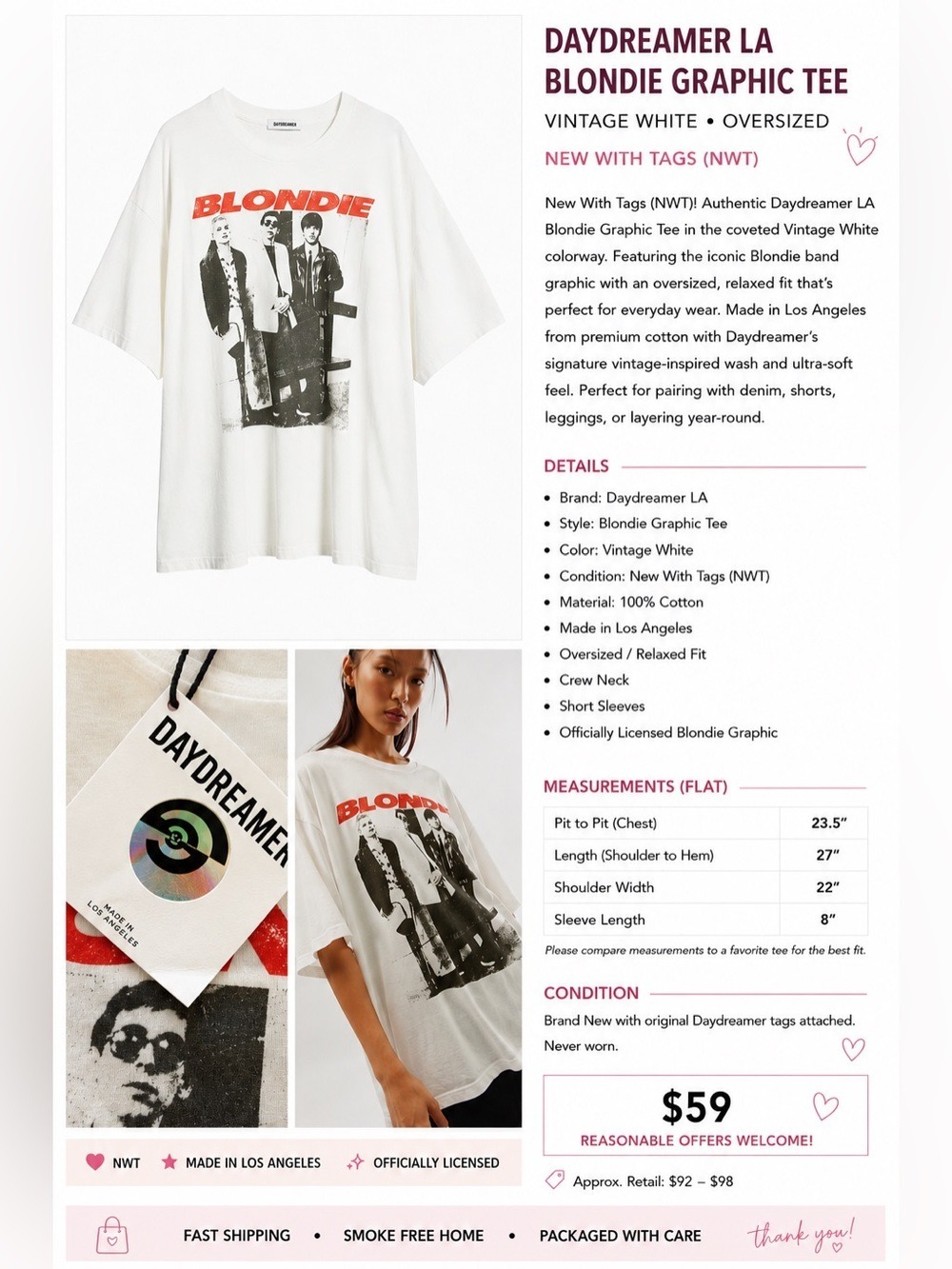 Daydreamer LA Blondie Vintage White Oversized Graphic Tee NWT ONE SIZE